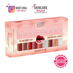 Love Earth Gloss It Up Lip Gloss Set with 9 mini glosses in a pink packaging