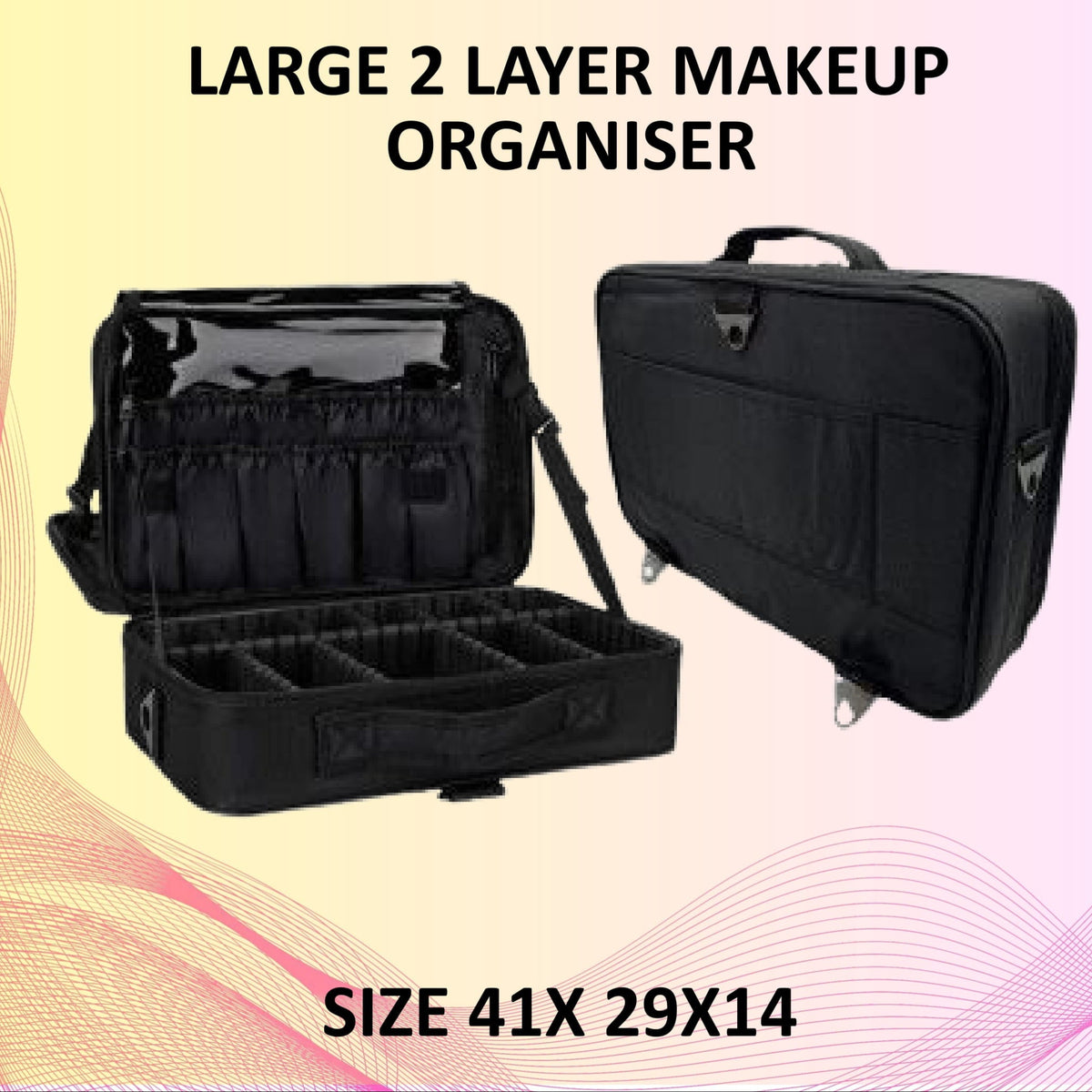 Large 2-Layer Makeup Organizer – 41x29x14 cm | Adjustable Storage Vanity Case