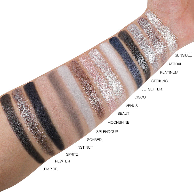 Swatches of all 15 shades from the IMAGIC Aurora Eyeshadow Palette shown on skin including shimmer and matte finishes