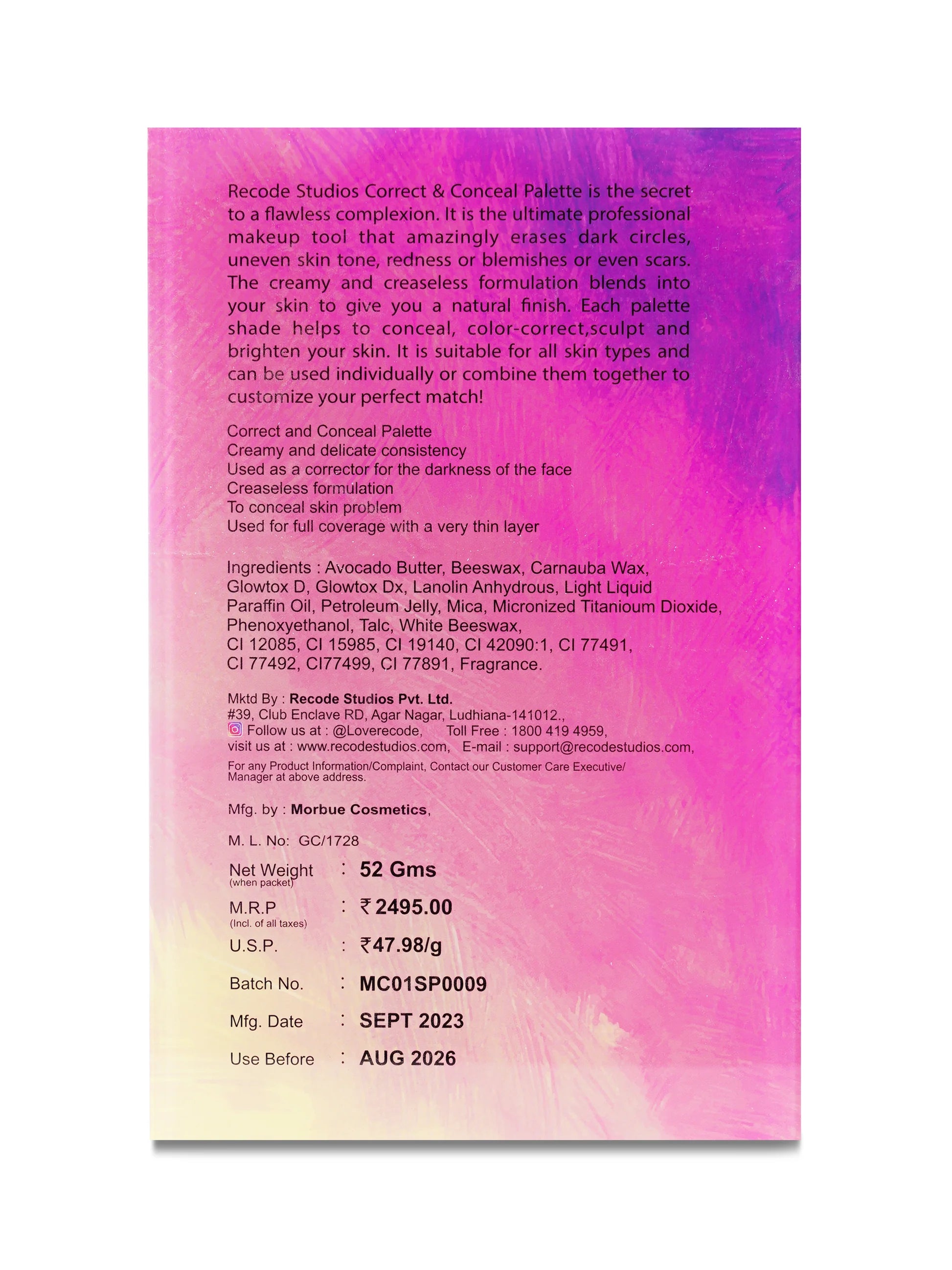 Recode Beauty Concealer, Colour Corrector & Contour Palette - 52 G