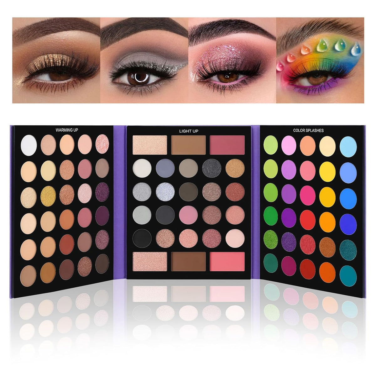 UCANBE Pretty All Set 2 full makeup palette with 86 shades and bold eye makeup examples